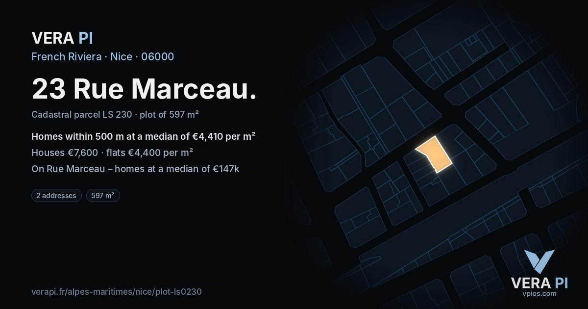 23 Rue Marceau, Nice at night – the plot lit, the parcels around coloured by the prices near them