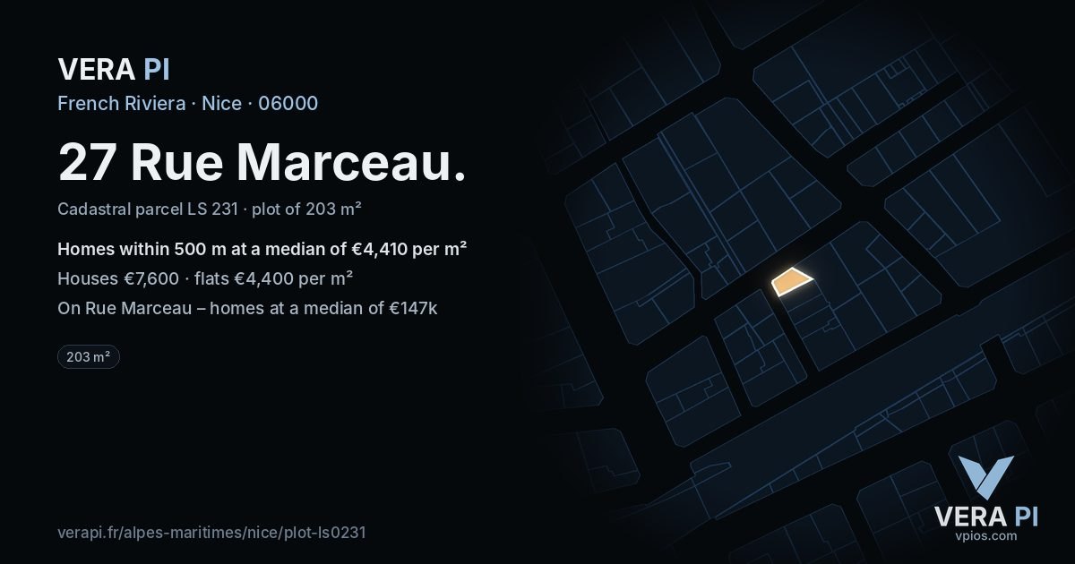 27 Rue Marceau, Nice at night – the plot lit, the parcels around coloured by the prices near them