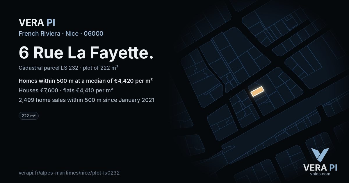6 Rue La Fayette, Nice at night – the plot lit, the parcels around coloured by the prices near them