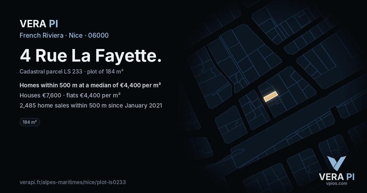4 Rue La Fayette, Nice at night – the plot lit, the parcels around coloured by the prices near them