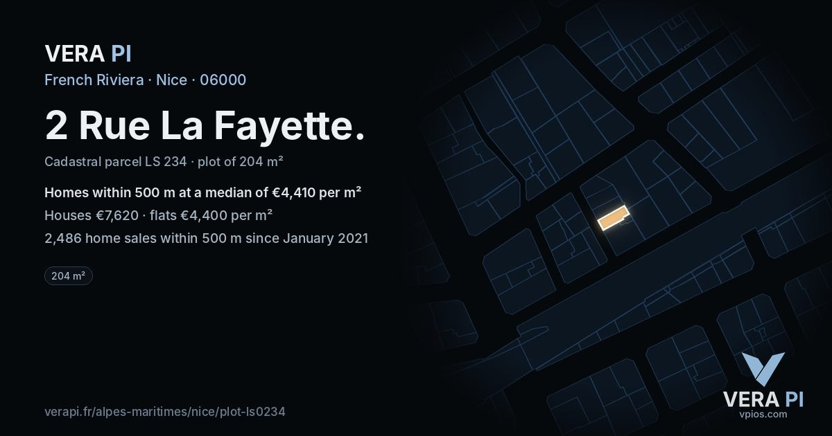 2 Rue La Fayette, Nice at night – the plot lit, the parcels around coloured by the prices near them