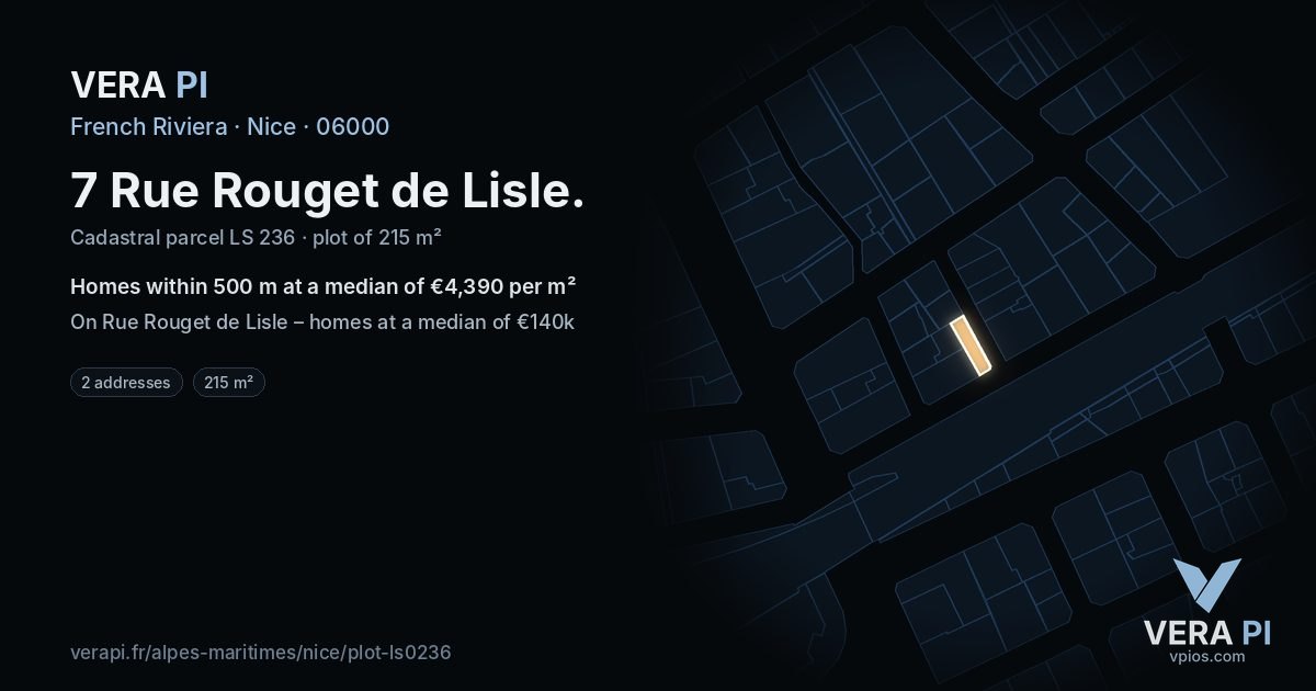 7 Rue Rouget de Lisle, Nice at night – the plot lit, the parcels around coloured by the prices near them