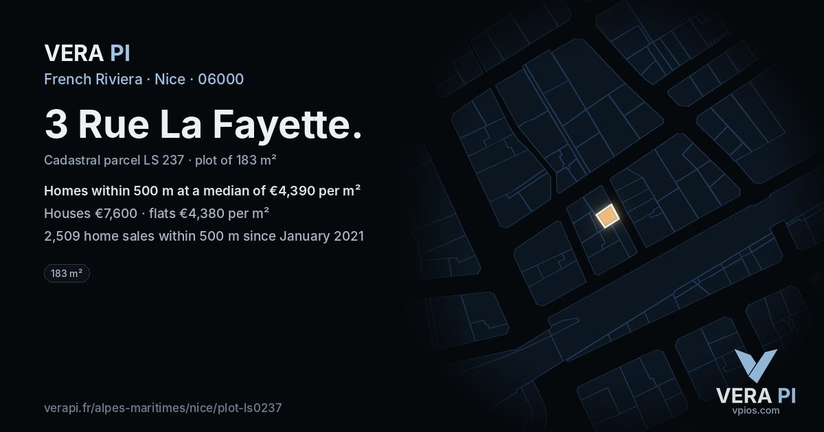 3 Rue La Fayette, Nice at night – the plot lit, the parcels around coloured by the prices near them