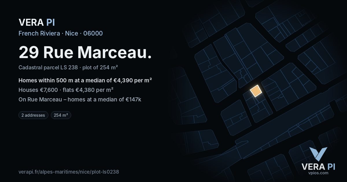 29 Rue Marceau, Nice at night – the plot lit, the parcels around coloured by the prices near them