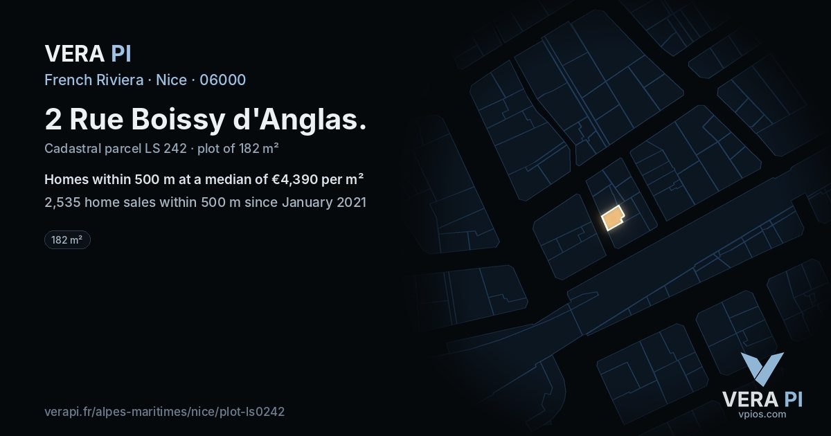 2 Rue Boissy d'Anglas, Nice at night – the plot lit, the parcels around coloured by the prices near them