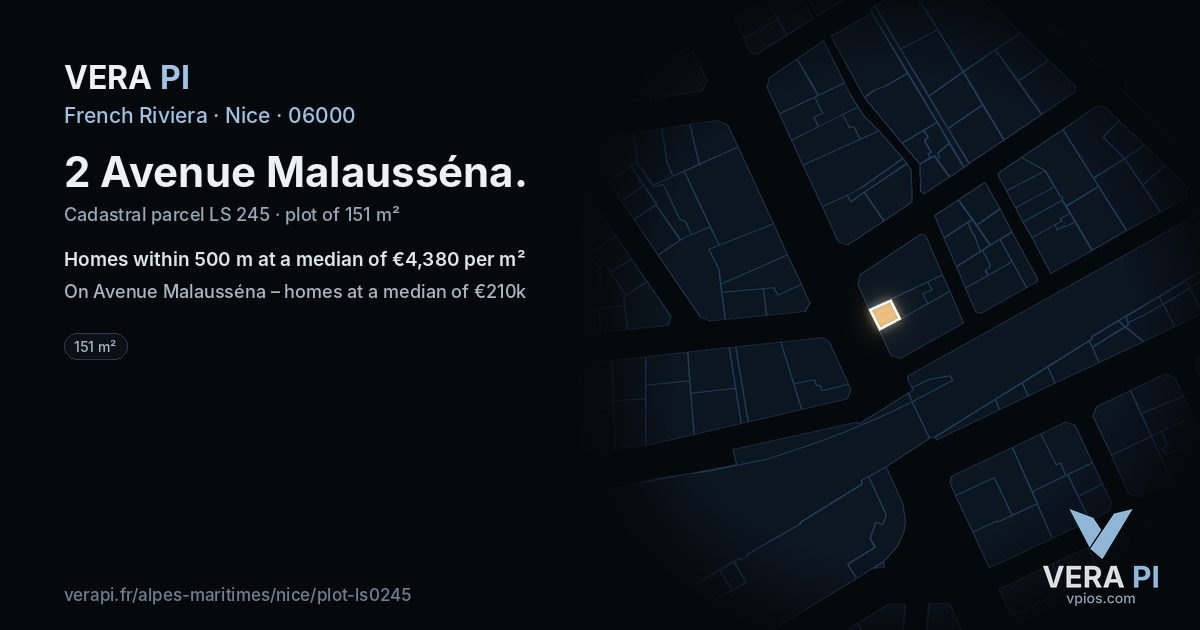 2 Avenue Malausséna, Nice at night – the plot lit, the parcels around coloured by the prices near them
