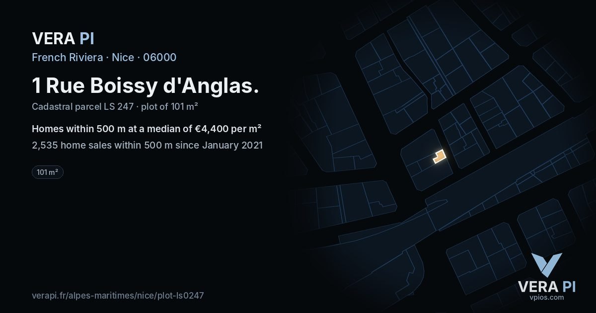 1 Rue Boissy d'Anglas, Nice at night – the plot lit, the parcels around coloured by the prices near them