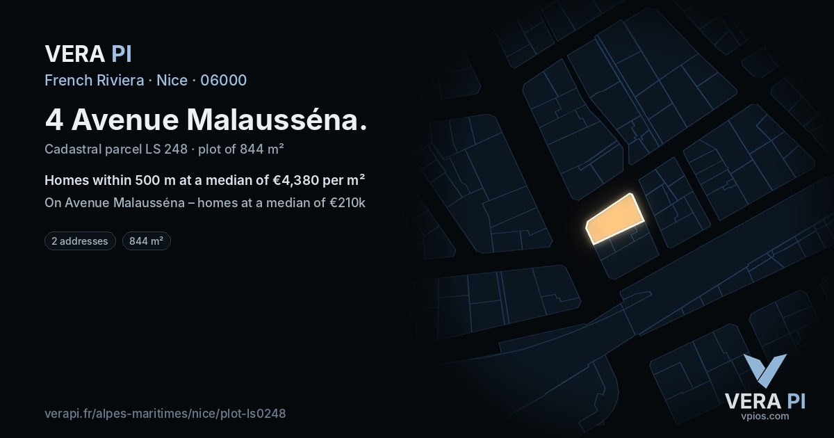 4 Avenue Malausséna, Nice at night – the plot lit, the parcels around coloured by the prices near them