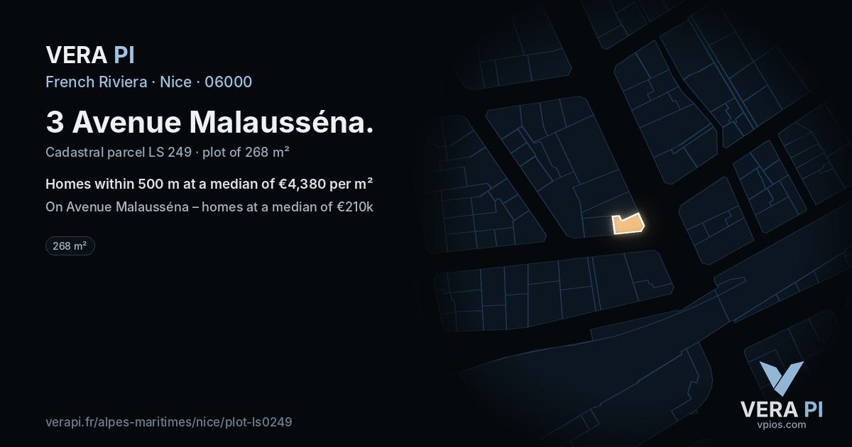 3 Avenue Malausséna, Nice at night – the plot lit, the parcels around coloured by the prices near them