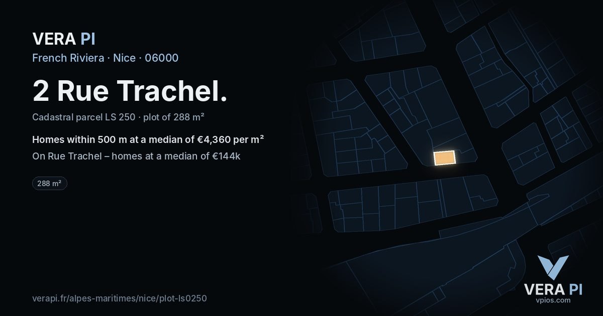2 Rue Trachel, Nice at night – the plot lit, the parcels around coloured by the prices near them