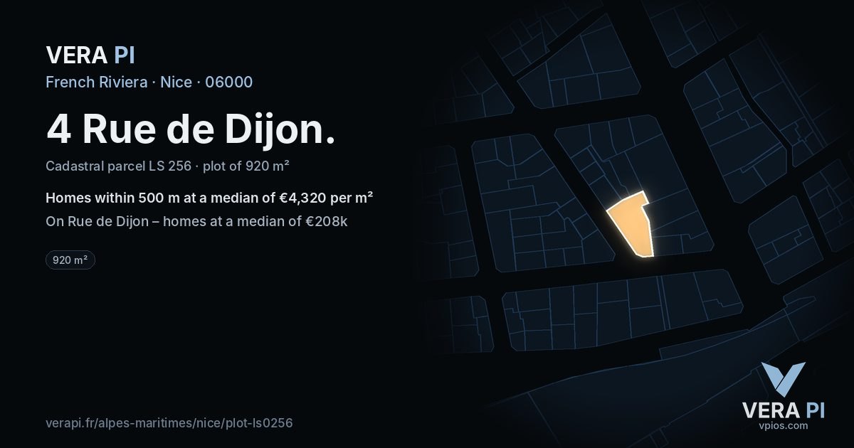 4 Rue de Dijon, Nice at night – the plot lit, the parcels around coloured by the prices near them