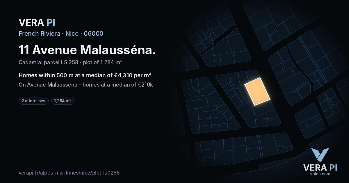 11 Avenue Malausséna, Nice at night – the plot lit, the parcels around coloured by the prices near them