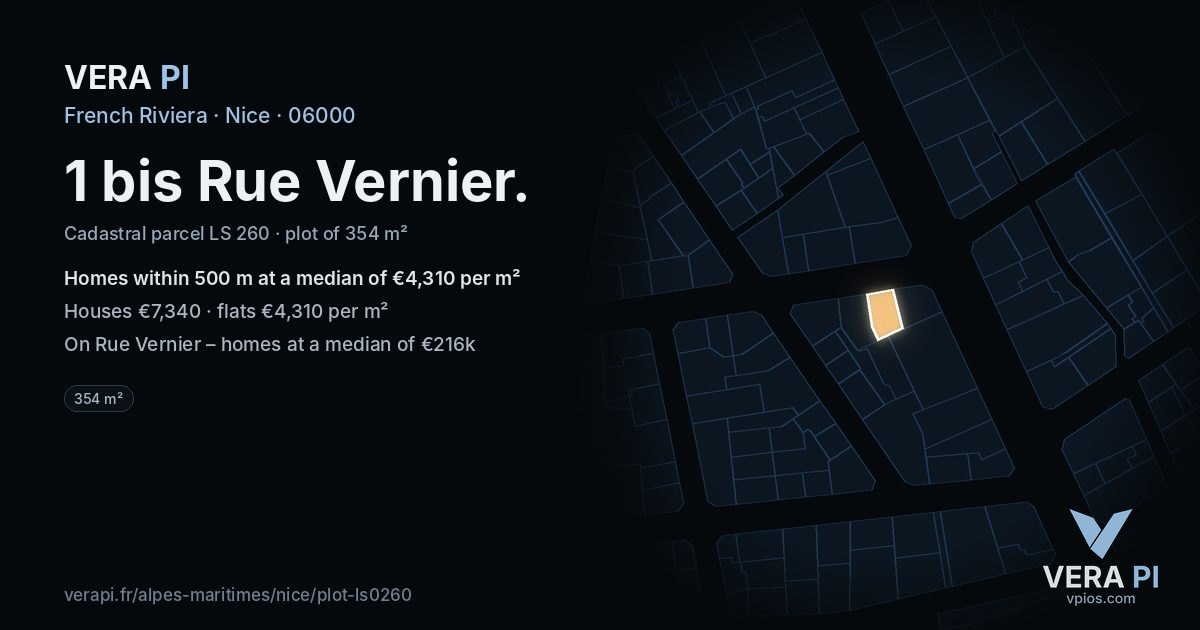 1 bis Rue Vernier, Nice at night – the plot lit, the parcels around coloured by the prices near them