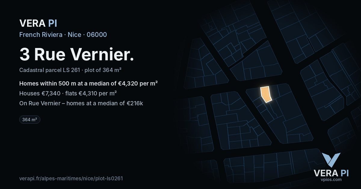 3 Rue Vernier, Nice at night – the plot lit, the parcels around coloured by the prices near them