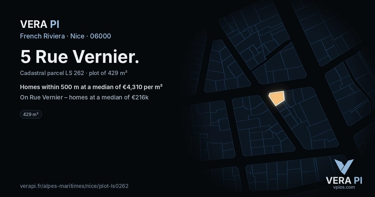 5 Rue Vernier, Nice at night – the plot lit, the parcels around coloured by the prices near them