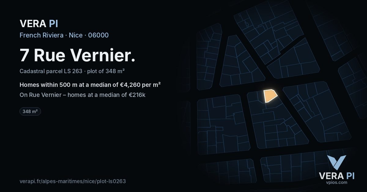 7 Rue Vernier, Nice at night – the plot lit, the parcels around coloured by the prices near them