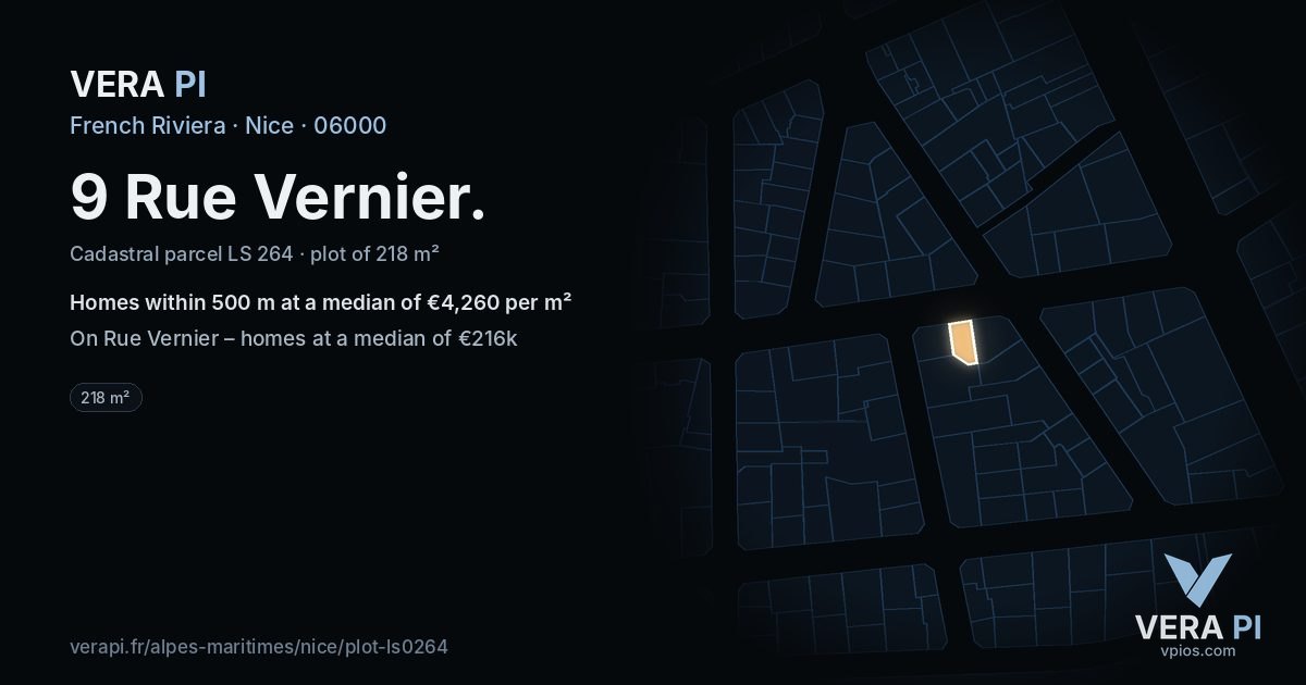 9 Rue Vernier, Nice at night – the plot lit, the parcels around coloured by the prices near them