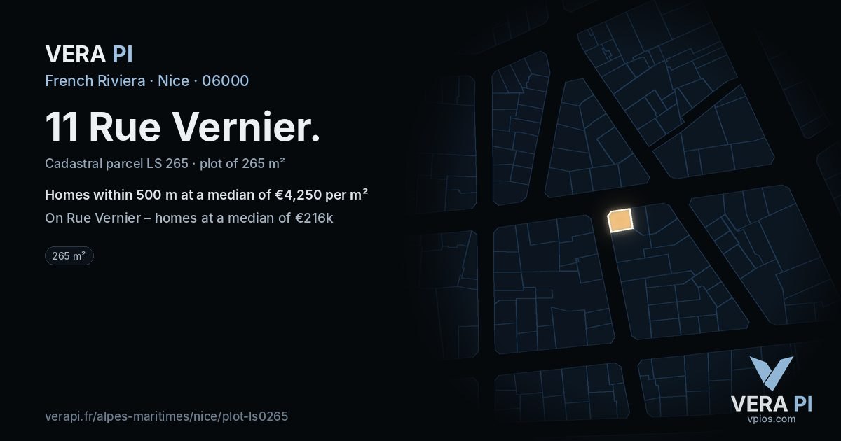 11 Rue Vernier, Nice at night – the plot lit, the parcels around coloured by the prices near them