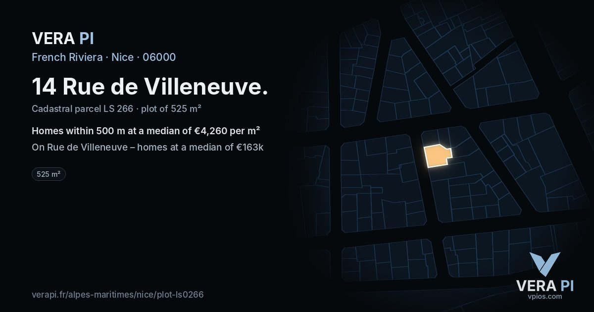 14 Rue de Villeneuve, Nice at night – the plot lit, the parcels around coloured by the prices near them