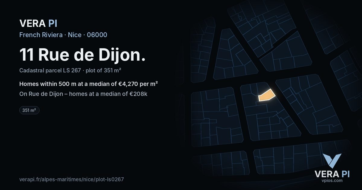11 Rue de Dijon, Nice at night – the plot lit, the parcels around coloured by the prices near them