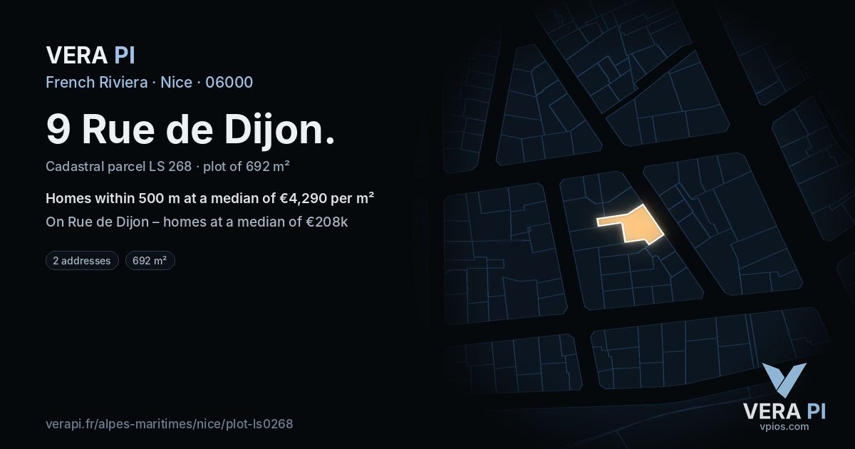 9 Rue de Dijon, Nice at night – the plot lit, the parcels around coloured by the prices near them