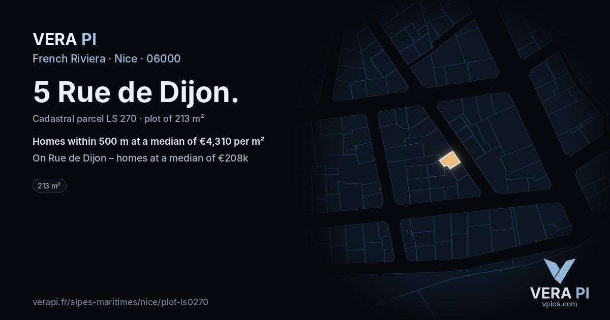 5 Rue de Dijon, Nice at night – the plot lit, the parcels around coloured by the prices near them