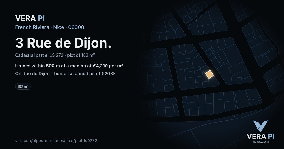 3 Rue de Dijon, Nice at night – the plot lit, the parcels around coloured by the prices near them