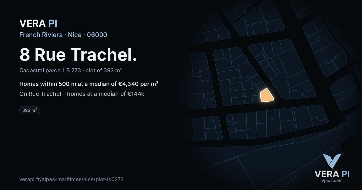 8 Rue Trachel, Nice at night – the plot lit, the parcels around coloured by the prices near them