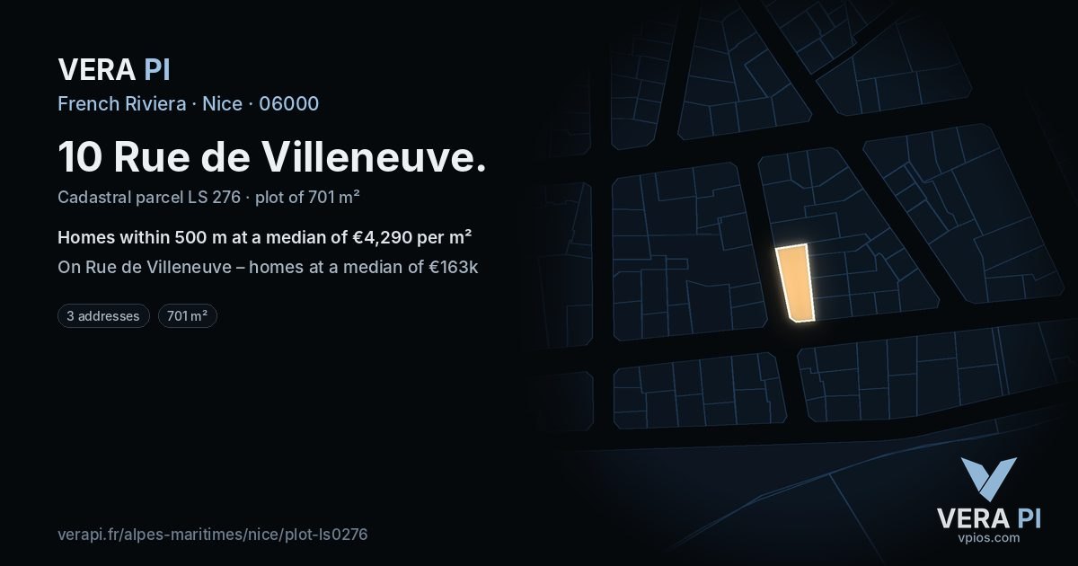 10 Rue de Villeneuve, Nice at night – the plot lit, the parcels around coloured by the prices near them