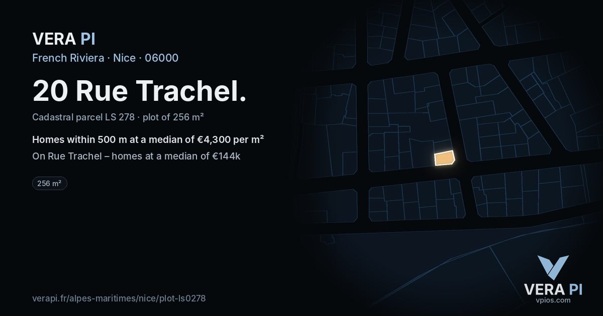 20 Rue Trachel, Nice at night – the plot lit, the parcels around coloured by the prices near them