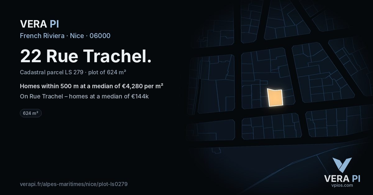 22 Rue Trachel, Nice at night – the plot lit, the parcels around coloured by the prices near them