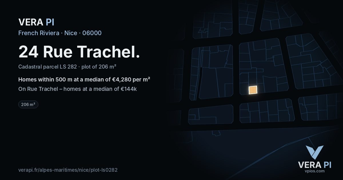 24 Rue Trachel, Nice at night – the plot lit, the parcels around coloured by the prices near them