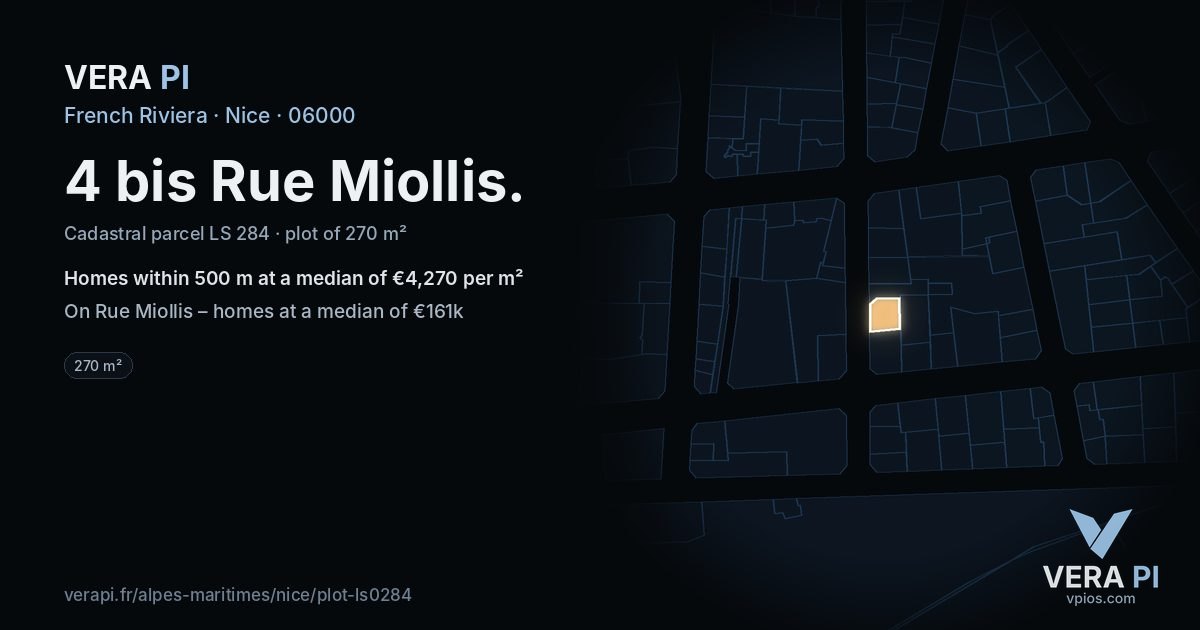 4 bis Rue Miollis, Nice at night – the plot lit, the parcels around coloured by the prices near them