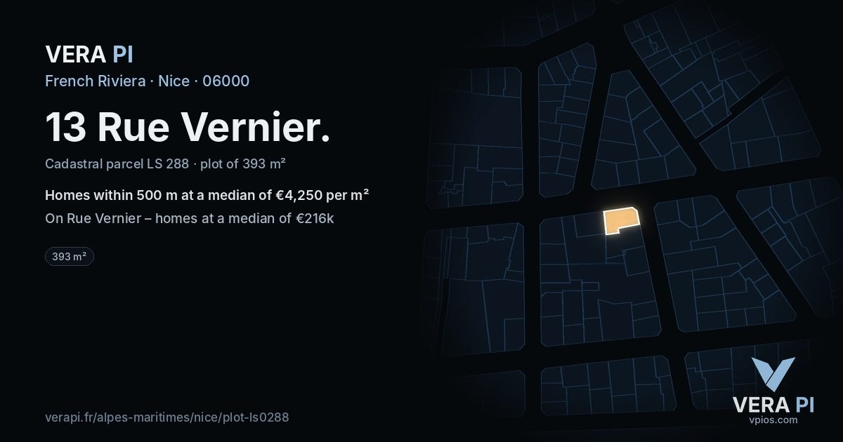 13 Rue Vernier, Nice at night – the plot lit, the parcels around coloured by the prices near them