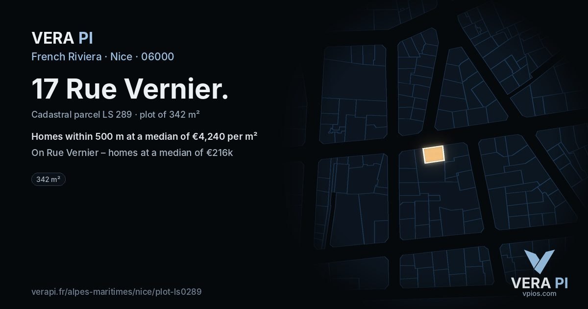17 Rue Vernier, Nice at night – the plot lit, the parcels around coloured by the prices near them