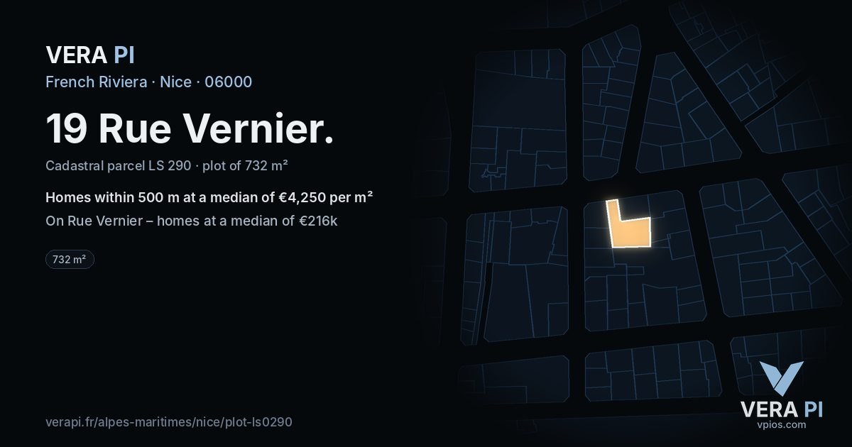 19 Rue Vernier, Nice at night – the plot lit, the parcels around coloured by the prices near them