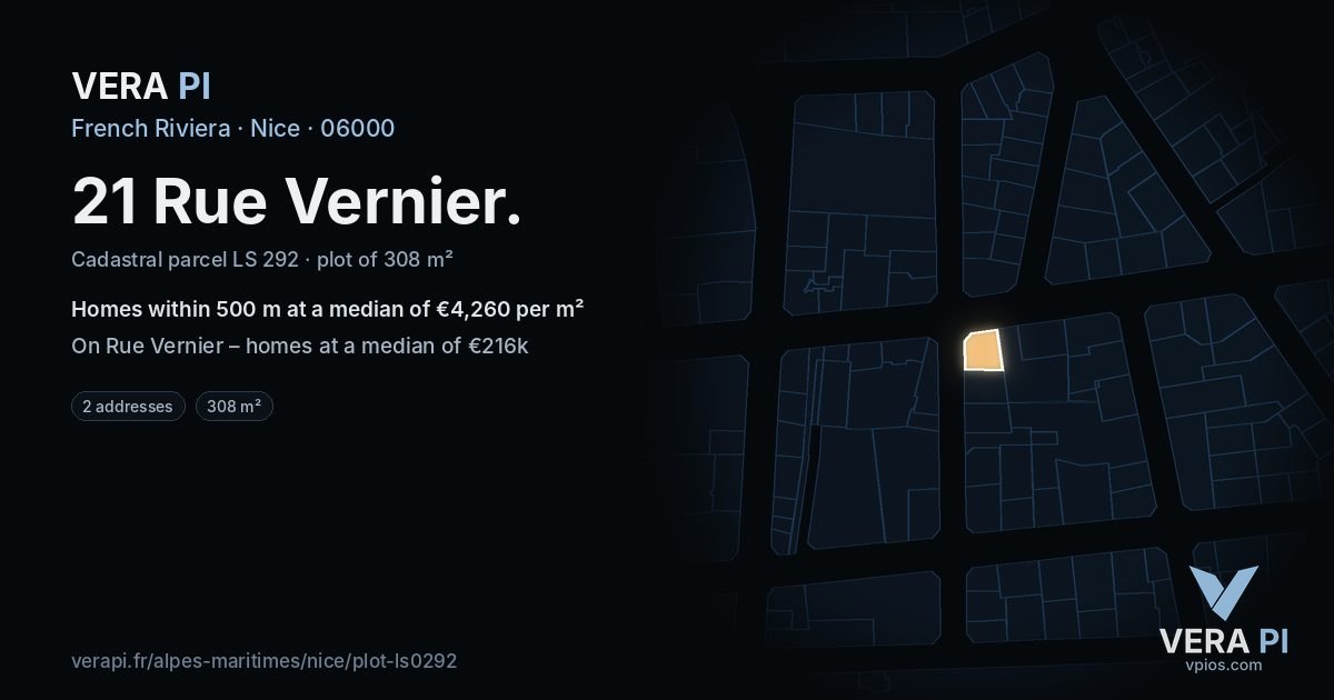 21 Rue Vernier, Nice at night – the plot lit, the parcels around coloured by the prices near them