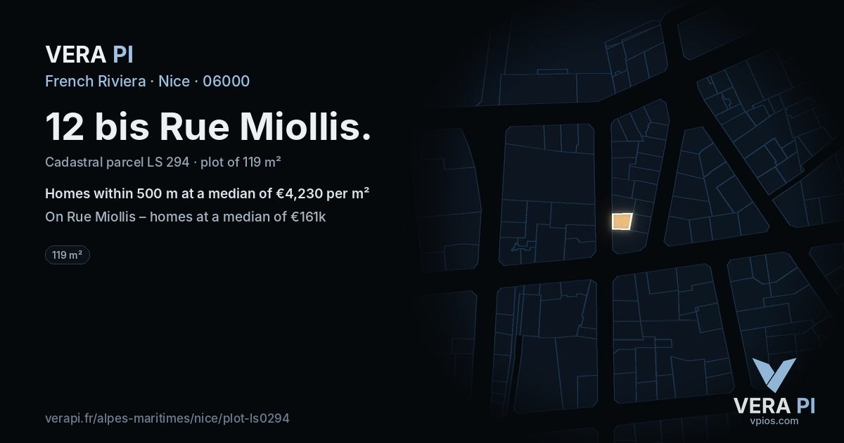 12 bis Rue Miollis, Nice at night – the plot lit, the parcels around coloured by the prices near them