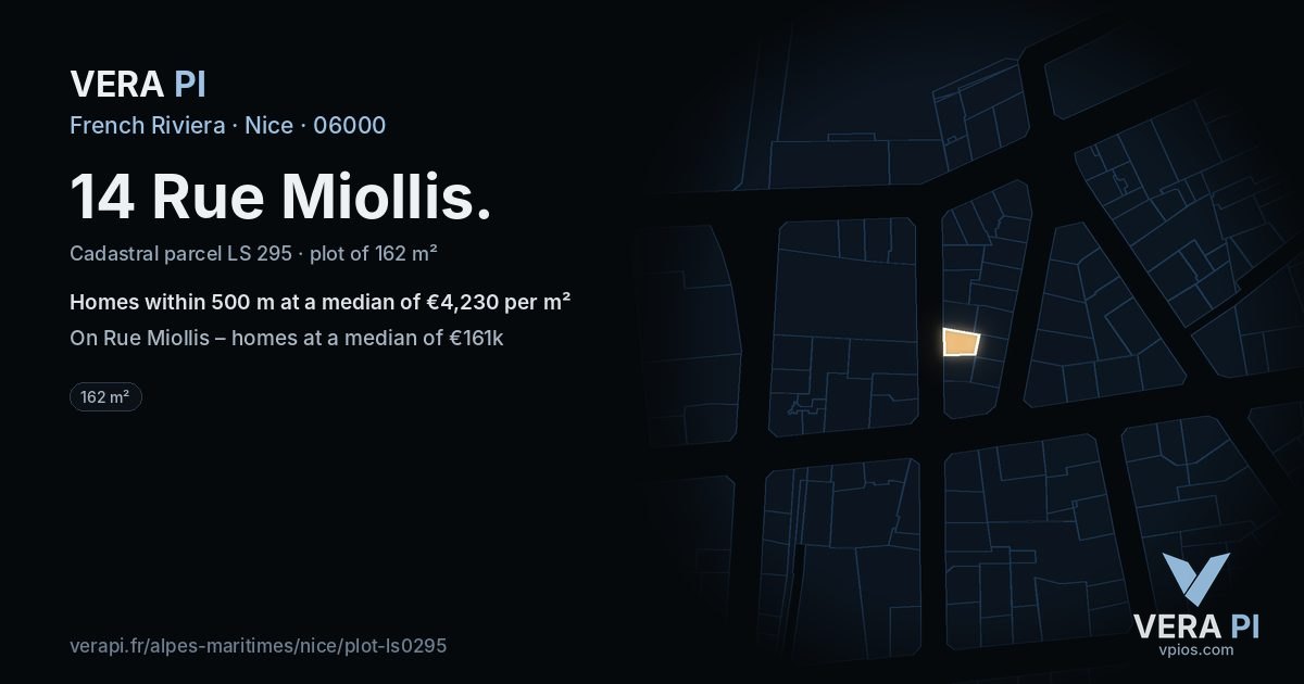 14 Rue Miollis, Nice at night – the plot lit, the parcels around coloured by the prices near them