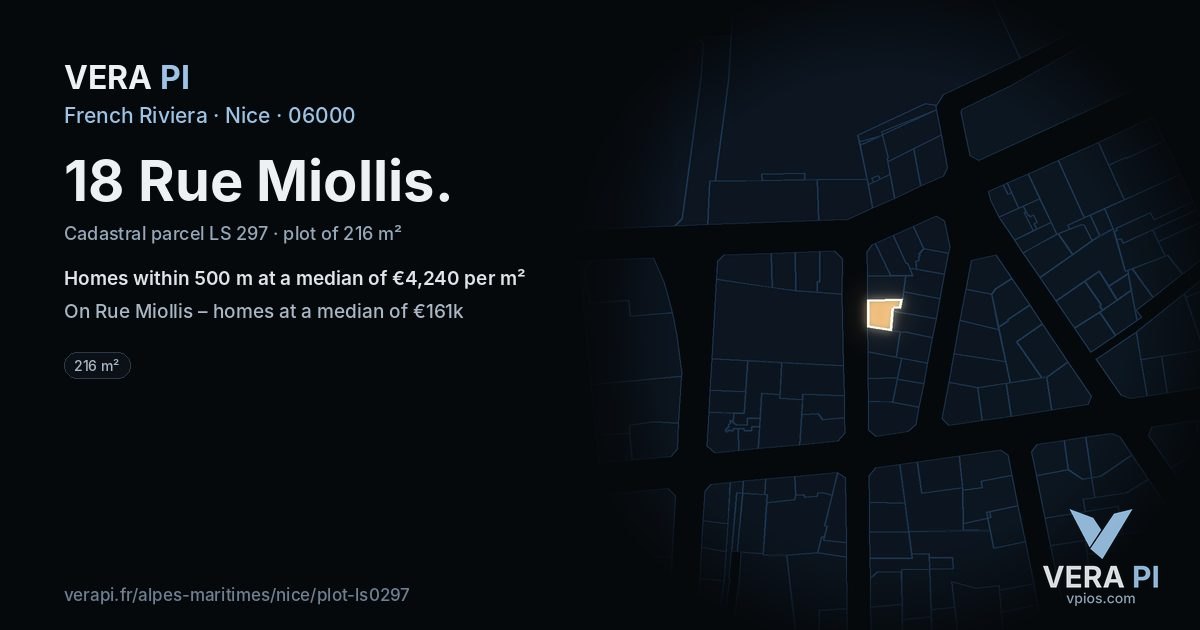 18 Rue Miollis, Nice at night – the plot lit, the parcels around coloured by the prices near them