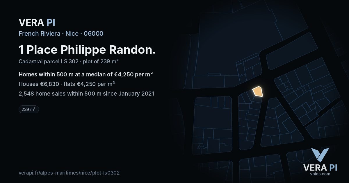 1 Place Philippe Randon, Nice at night – the plot lit, the parcels around coloured by the prices near them