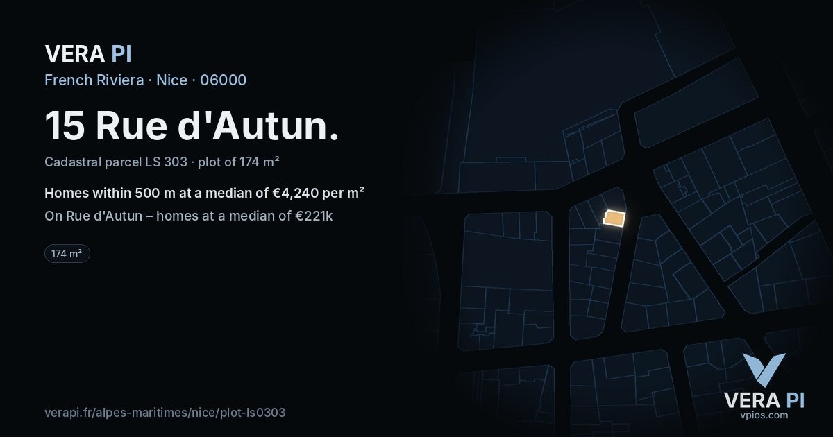 15 Rue d'Autun, Nice at night – the plot lit, the parcels around coloured by the prices near them