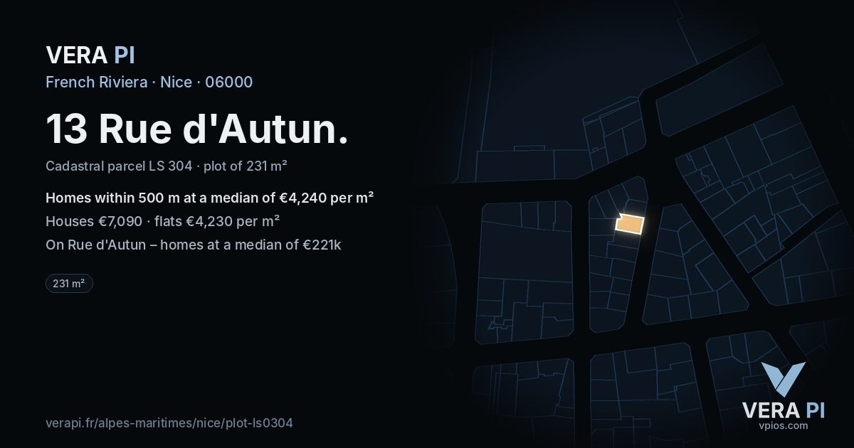 13 Rue d'Autun, Nice at night – the plot lit, the parcels around coloured by the prices near them