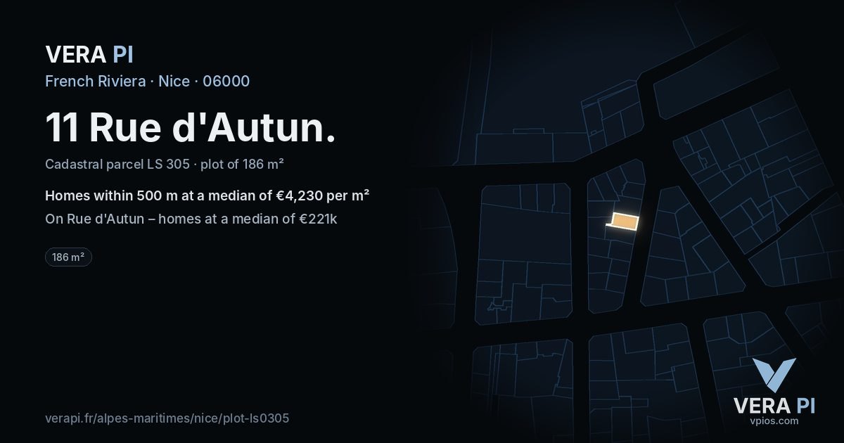11 Rue d'Autun, Nice at night – the plot lit, the parcels around coloured by the prices near them