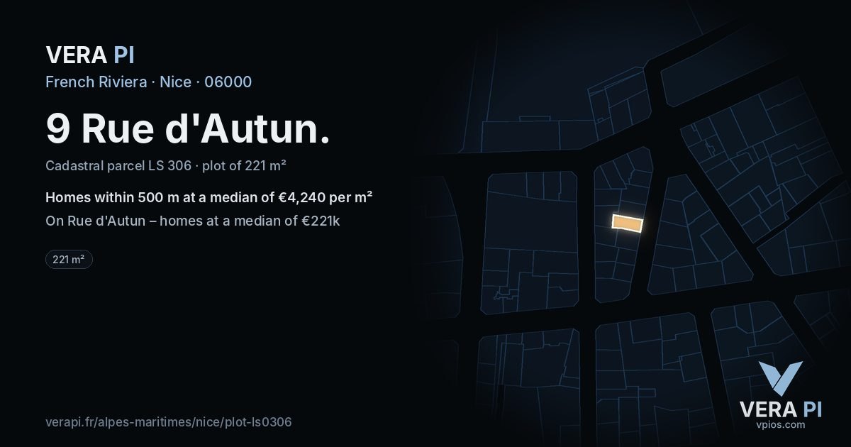 9 Rue d'Autun, Nice at night – the plot lit, the parcels around coloured by the prices near them