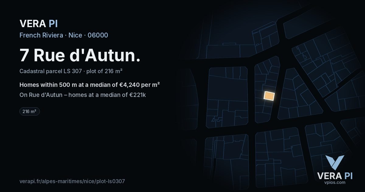7 Rue d'Autun, Nice at night – the plot lit, the parcels around coloured by the prices near them