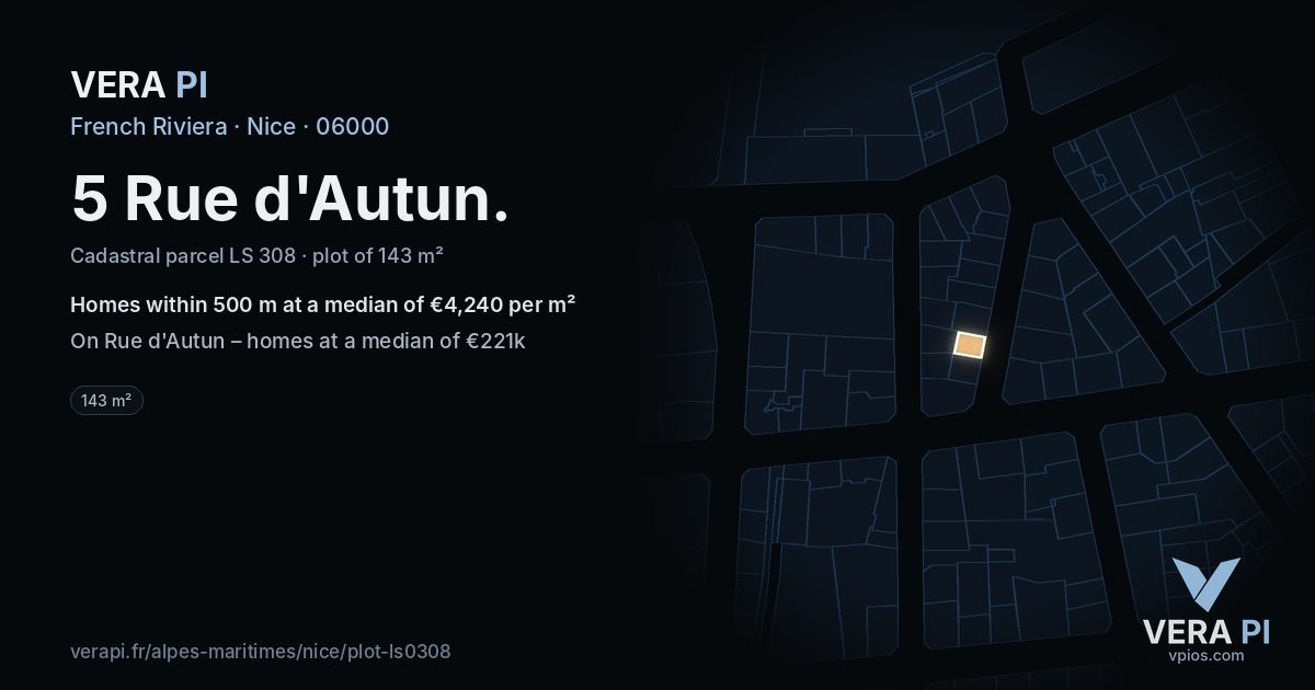 5 Rue d'Autun, Nice at night – the plot lit, the parcels around coloured by the prices near them