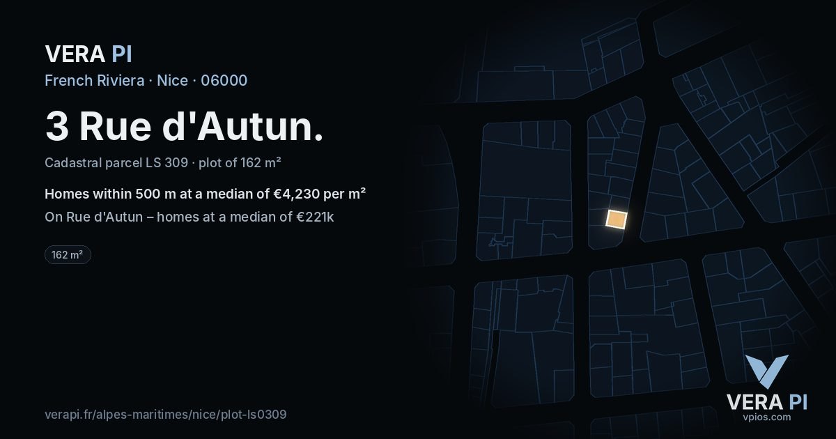 3 Rue d'Autun, Nice at night – the plot lit, the parcels around coloured by the prices near them