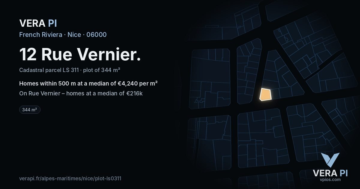 12 Rue Vernier, Nice at night – the plot lit, the parcels around coloured by the prices near them