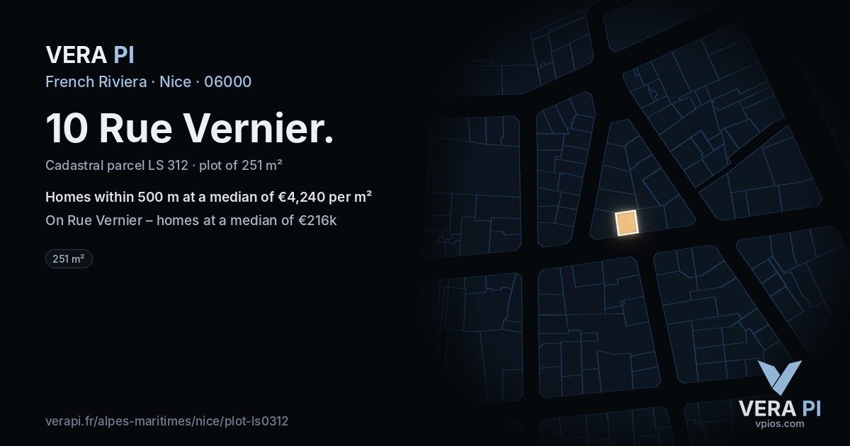10 Rue Vernier, Nice at night – the plot lit, the parcels around coloured by the prices near them